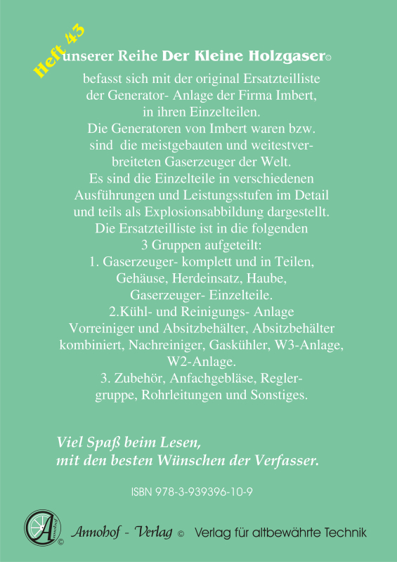 Die Imbert Holzgas Pyrolyse Generator- Anlage  Bild- Ersatzteilliste mit Explosionszeichnungen aller Bauteile - Heft 43 (40 Seiten)